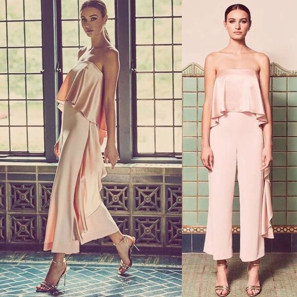 MESTIZA NY Jacqueline Pale Pink Ruffled Cropped Hem Strapless Jumpsuit S… - Picture 1 of 12